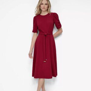DKNY Women's Ruched-Sleeve Belted Fit and Flare Midi Dress Beet Size 6